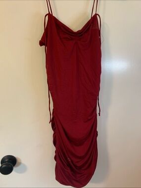 Scarlet Cowl Midi Slip Dress with Side Ruching
